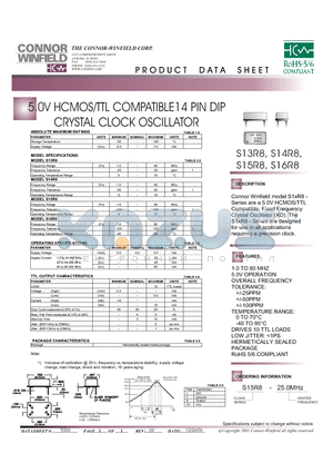 S16R8 datasheet - 5.0V HCMOS/TTL COMPATIBLE14 PIN DIP CRYSTAL CLOCK OSCILLATOR