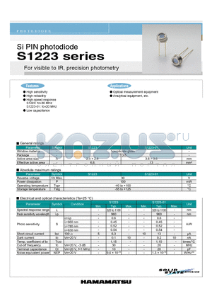 S1223 datasheet - For visible IR precision photometry
