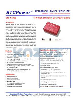 S15-48-3.3 datasheet - 15W High Efficiency Low Power Bricks