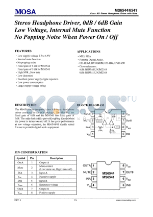 MS6544GTR datasheet - Stereo Headphone Driver, 0dB / 6dB Gain Low Voltage, Internal Mute Function No Popping Noise When Power On / Off