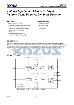 MS6715GTR datasheet - 1 Stereo Input and 2 Channels Output Volume, Tone, Balance, Loudness Function