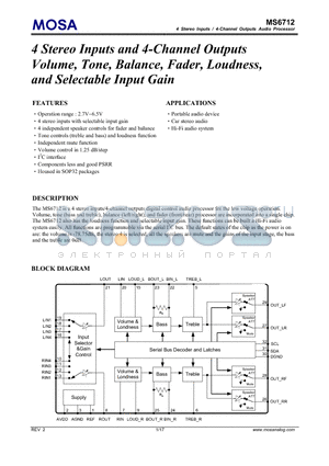 MS6712_1 datasheet - 4 Stereo Inputs and 4-Channel Outputs Volume, Tone, Balance, Fader, Loudness, and Selectable Input Gain