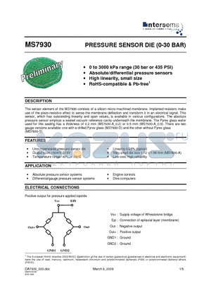 MS7930 datasheet - PRESSURE SENSOR DIE (0-30 BAR)