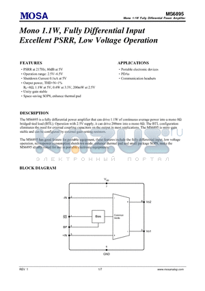 MS6895_1 datasheet - Mono 1.1W, Fully Differential Input Excellent PSRR, Low Voltage Operation