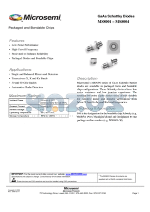 MS8004 datasheet - GaAs Schottky Diodes