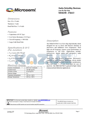 MS8150-P2613 datasheet - GaAs Schottky Devices Low RS Flip Chip
