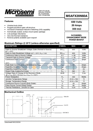 MSAFX20N60A datasheet - N-CHANNEL ENHANCEMENT MODE POWER MOSFET