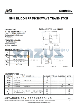 MSC1004M datasheet - NPN SILICON RF MICROWAVE TRANSISTOR