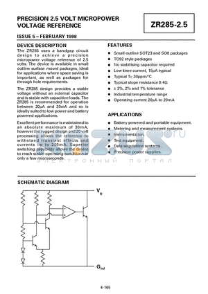 ZR285802 datasheet - PRECISION 2.5 VOLT MICROPOWER VOLTAGE REFERENCE