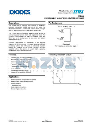 ZR285F01TA datasheet - PRECISION 2.5V MICROPOWER VOLTAGE REFERNCE