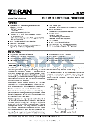 ZR36050PQC-21 datasheet - JPEG IMAGE COMPRESSION PROCESSOR