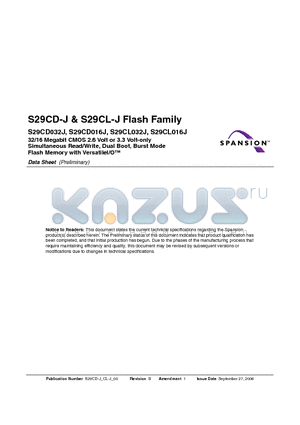 S29CD032J0JFAM102 datasheet - 32/16 Megabit CMOS 2.6 Volt or 3.3 Volt-only Simultaneous Read/Write, Dual Boot, Burst Mode Flash Memory with VersatileI/O