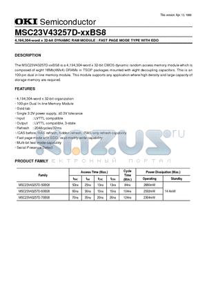 MSC23V43257D datasheet - 4,194,304-word x 32-bit DYNAMIC RAM MODULE : FAST PAGE MODE TYPE WITH EDO