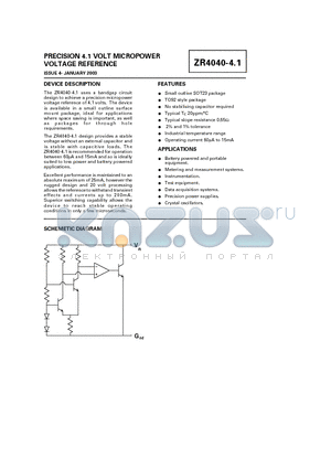 ZR40402F41 datasheet - PRECISION 4.1 VOLT MICROPOWER VOLTAGE REFERENCE
