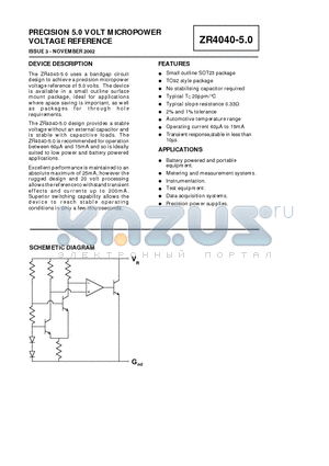 ZR40402R50 datasheet - PRECISION 5.0 VOLT MICROPOWER