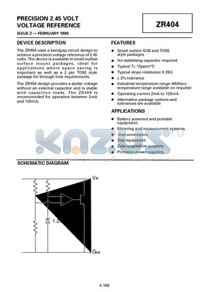 ZR404D datasheet - PRECISION 2.45 VOLT VOLTAGE REFERENCE