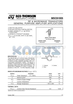 MSC81005 datasheet - RF & MICROWAVE TRANSISTORS GENERAL PURPOSE AMPLIFIER APPLICATIONS