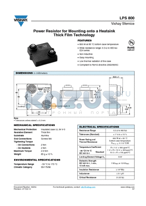 LPS800 datasheet - Power Resistor for Mounting onto a Heatsink Thick Film Technology
