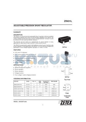 ZR431LF01TA datasheet - ADJUSTABLE PRECISION SHUNT REGULATOR