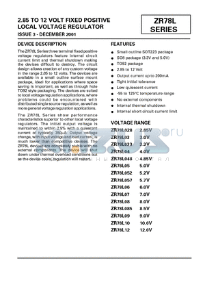 ZR78L033C datasheet - 2.85 TO 12 VOLT FIXED POSITIVE LOCAL VOLTAGE REGULATOR