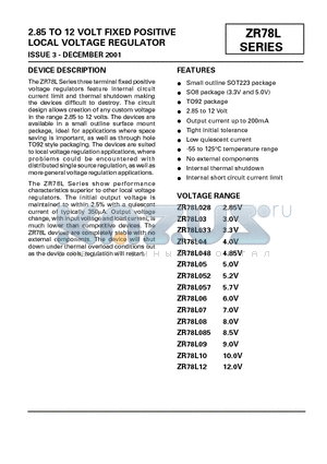 ZR78L04N8 datasheet - 2.85 TO 12 VOLT FIXED POSITIVE LOCAL VOLTAGE REGULATOR