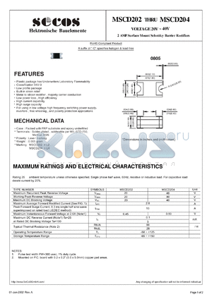 MSCD202 datasheet - 2 AMP Surface Mount Schottky Barrier Rectifiers