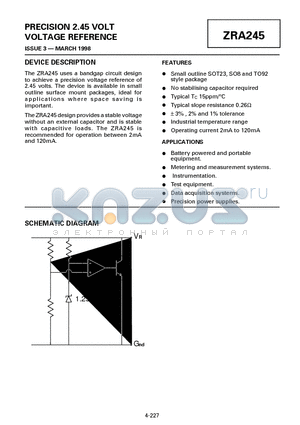 ZRA245F03 datasheet - PRECISION 2.45 VOLT VOLTAGE REFERENCE