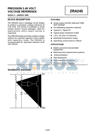 ZRA245Y03 datasheet - PRECISION 2.45 VOLT VOLTAGE REFERENCE