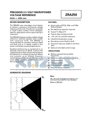 ZRA250A01 datasheet - PRECISION 2.5 VOLT MICROPOWER VOLTAGE REFERENCE
