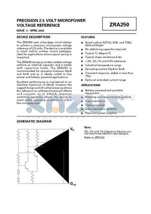 ZRA250F005 datasheet - PRECISION 2.5 VOLT MICROPOWER VOLTAGE REFERENCE