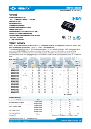 MSDWI03-48S05 datasheet - DC/DC CONVERTER 3W, Ultra compact SMD Package