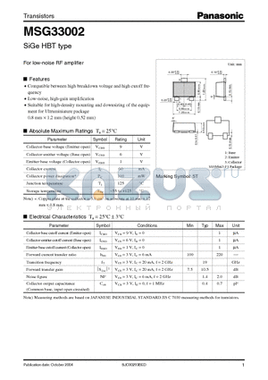 MSG33002 datasheet - SIGE HBT TYPE FOR LOW-NOISE RF AMPLIFIER