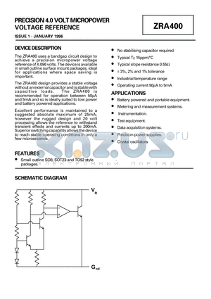 ZRA400Y01 datasheet - PRECISION 4.0 VOLT MICROPOWER