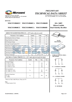 MSICSN10060CC datasheet - 10A / 600V Silicon Carbide Dual Schottky Rectifier
