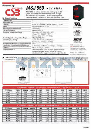 MSJ650 datasheet - a long sevice life battery up to 20years expected life under normal float charge