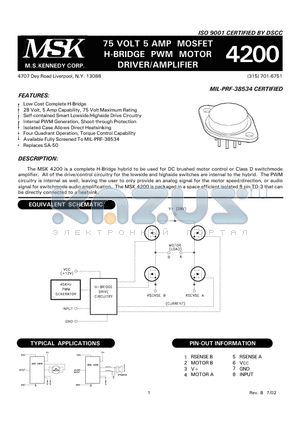 MSK4200E datasheet - 75 VOLT 5 AMP MOSFET H-BRIDGE PWM MOTOR DRIVER/AMPLIFIER