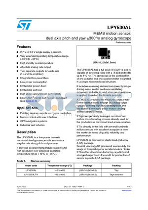 LPY530AL datasheet - MEMS motion sensor: dual axis pitch and yaw a300`/s analog gyroscope