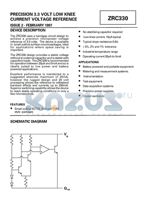 ZRC330R03 datasheet - PRECISION 3.3 VOLT LOW KNEE CURRENT VOLTAGE REFERENCE