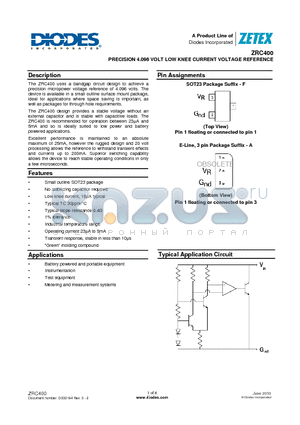 ZRC400 datasheet - PRECISION 4.096 VOLT LOW KNEE CURRENT VOLTAGE REFERENCE