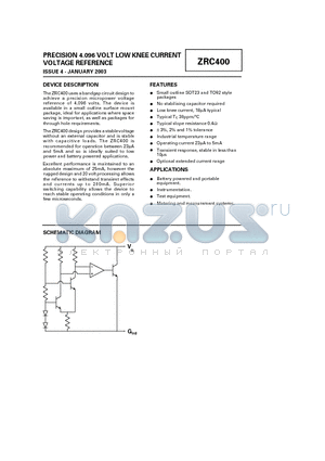 ZRC400A03 datasheet - PRECISION 4.096 VOLT LOW KNEE CURRENT VOLTAGE REFERENCE