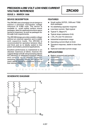 ZRC400N801 datasheet - PRECISION 4.096 VOLT LOW KNEE CURRENT VOLTAGE REFERENCE