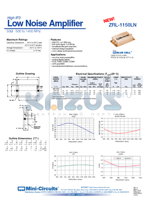 ZRL-1150LN datasheet - Low Noise Amplifier 50 500 to 1400 MHz