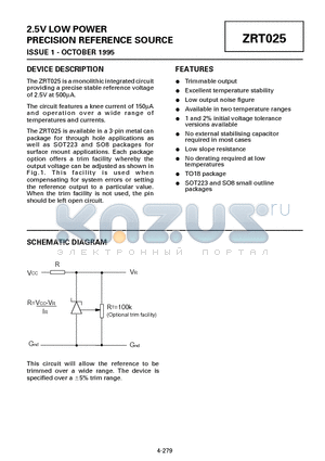 ZRT025 datasheet - 2.5V LOW POWER PRECISION REFERENCE SOURCE