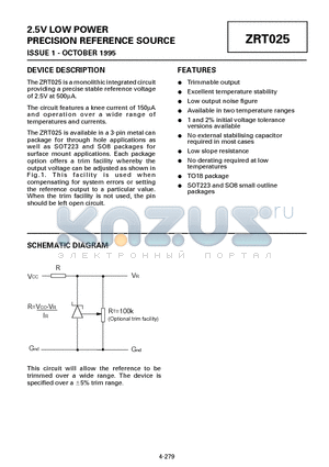 ZRT025A1 datasheet - 2.5V LOW POWER PRECISION REFERENCE SOURCE