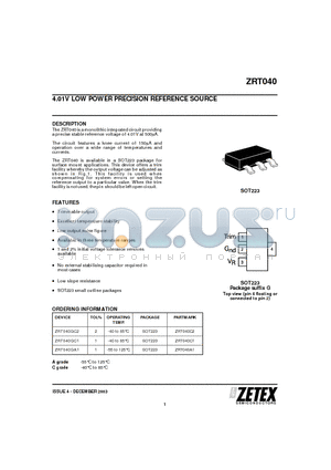 ZRT040GA1 datasheet - 4.01V LOW POWER PRECISION REFERENCE SOURCE