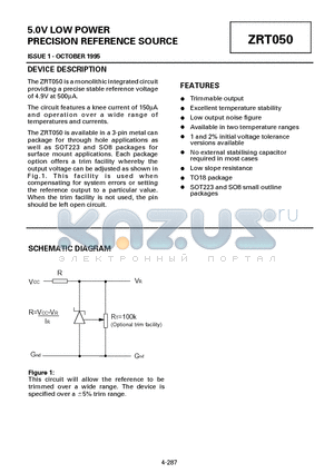 ZRT050N8A1 datasheet - 5.0V LOW POWER PRECISION REFERENCE SOURCE