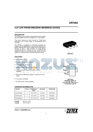 ZRT062GC1 datasheet - 6.2V LOW POWER PRECISION REFERENCE SOURCE