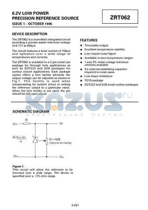 ZRT062N8C1 datasheet - 6.2V LOW POWER PRECISION REFERENCE SOURCE