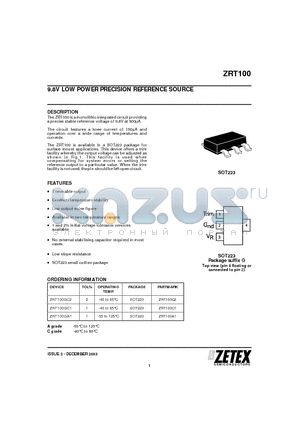 ZRT100GC1 datasheet - 9.8V LOW POWER PRECISION REFERENCE SOURCE