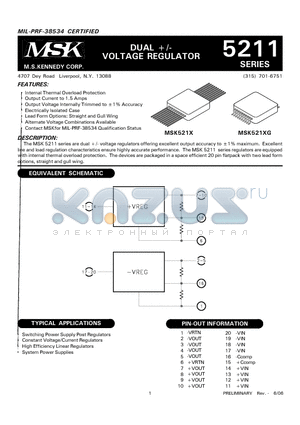 MSK5211 datasheet - DUAL /- VOLTAGE REGULATOR